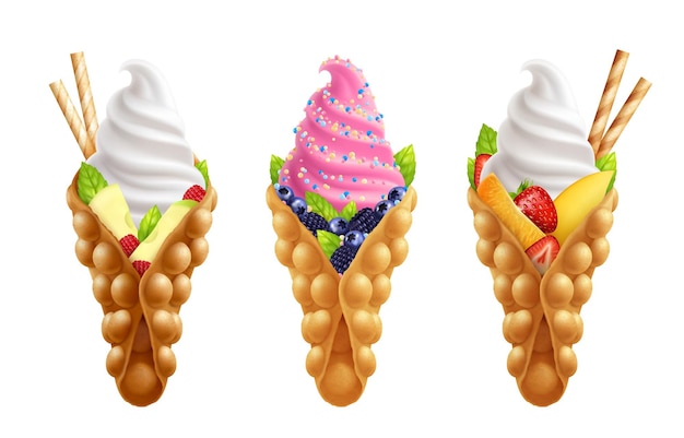 Bubble hong kong waffle con frutta set realistico di gelato isolato con diversi condimenti illustrazione