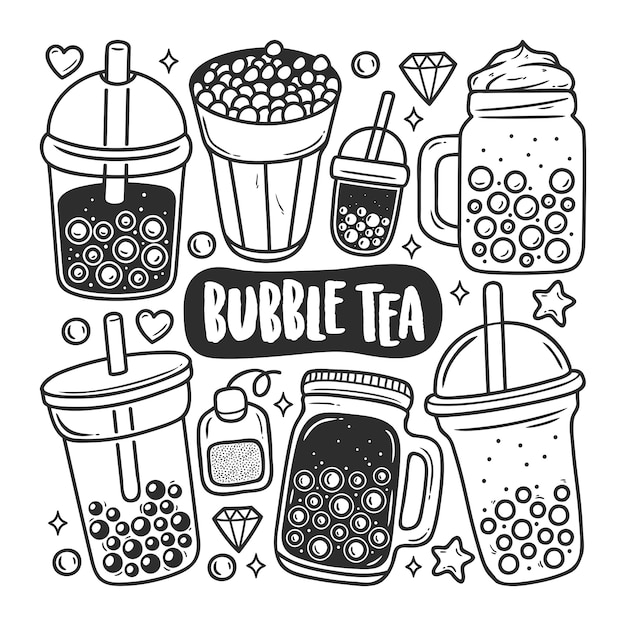 Bubble Tea Icons Hand Drawn Doodle Coloring 
