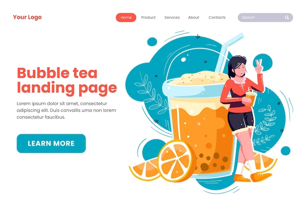 Бесплатное векторное изображение Дизайн целевой страницы пузырькового чая