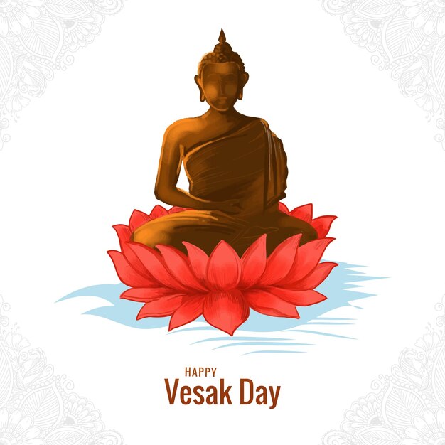 Free vector buddha on lotus flower greeting card on happy vesak day background