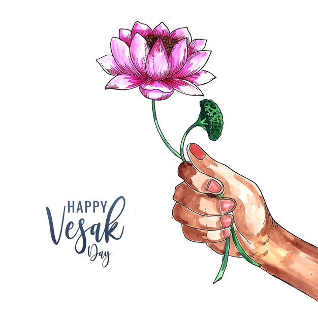 Buddha Purnima or Vesak card with hand holding lotus flower background
