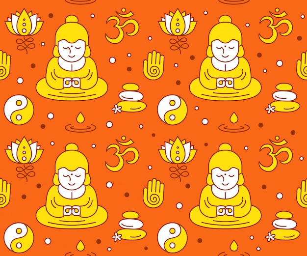 Buddhist religious sacred symbols seamless clolor pattern.  modern flat line style icon desgin. esoteric, buddhism,thai,god, yoga, zen pattern Premium Vector