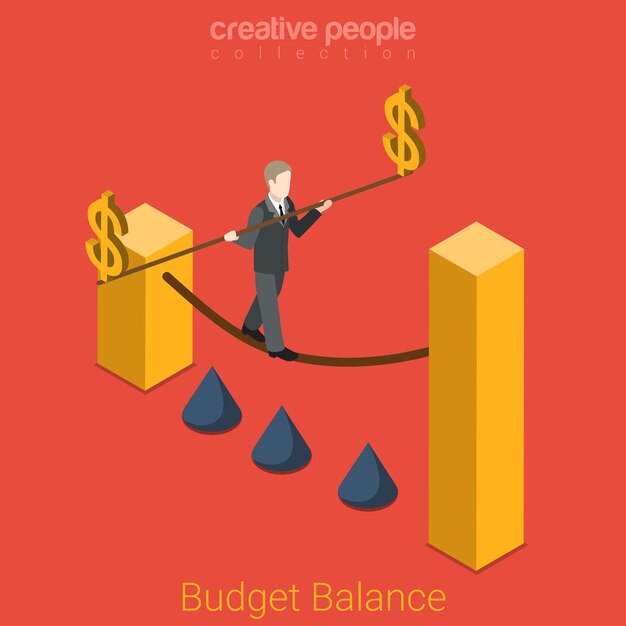 Budget balance flat isometric business finance government state corporate finance concept  Businessman rope walk dollar sign pole. Creative people collection