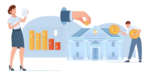 Плоская композиция правительства страны бюджета с изолированным видом на здание банка с графиками монет и векторной иллюстрацией людей