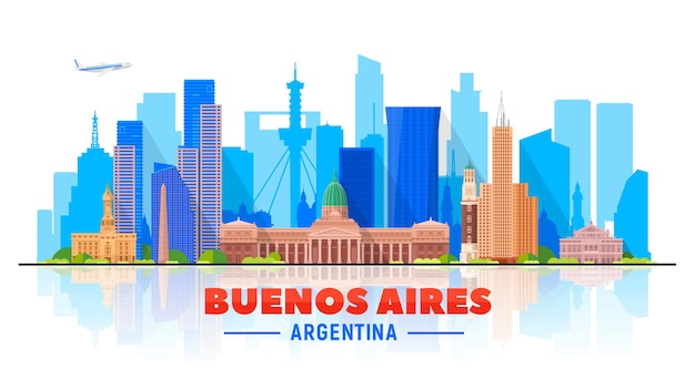 Горизонт Буэнос-Айреса (Аргентина) с панорамой на белом фоне. Векторная иллюстрация. Концепция деловых поездок и туризма с современными зданиями. Изображение для презентации, баннера, веб-сайта.