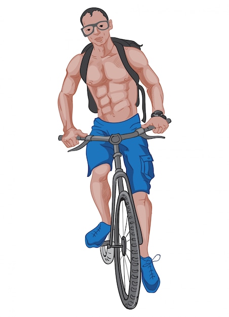 배낭, 안경 및 자전거를 타는 시계와 함께 파란색 반바지와 신발을 입은 버프 맨