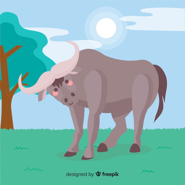 Free vector buffalo in the nature cartoon