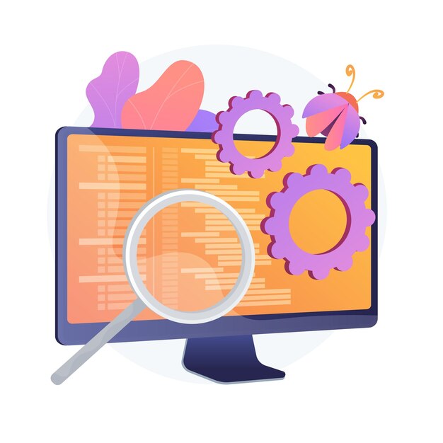 버그 수정 및 소프트웨어 테스트. 컴퓨터 바이러스 검색 도구. DevOps, 웹 최적화, 바이러스 백신 앱. 돋보기, 톱니 바퀴 및 모니터 디자인 요소.