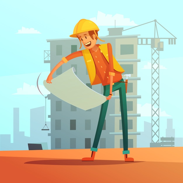 Free vector builder and building plan cartoon background