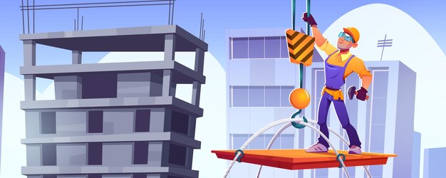建設現場の建設業者、ヘルメットの労働者のキャラクター、オーバーオールは、街並みの背景にある建物の屋根にクレーンを上げて持ち上げるプラットフォームに立っています。請負業者の仕事、漫画のベクトル図