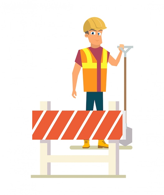 Free vector builder with shovel on road works flat vector