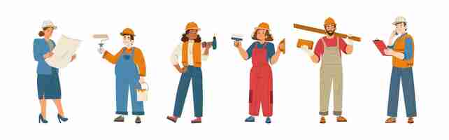 Free vector builders and construction workers in helmets