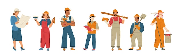 Free vector builders and construction workers in helmets