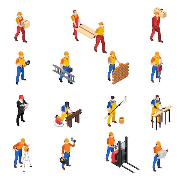 Builders construction workers isometric icons collection