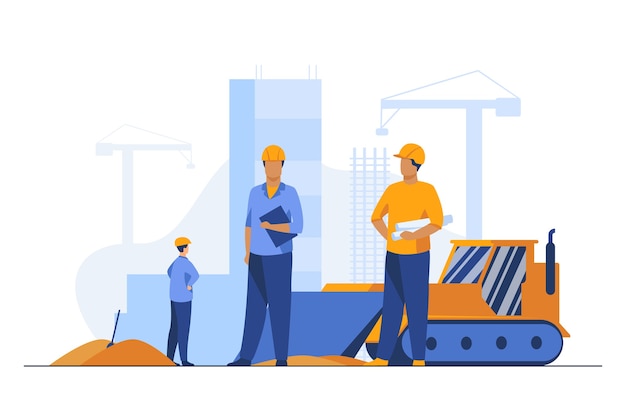 Builders in helmets working at construction site. machine,\
building, worker flat vector illustration. engineering and\
development