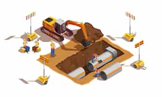 Free vector builders with construction vehicle and lighting equipment