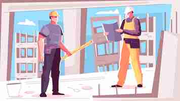 Free vector building construction illustration with two construction workers reading blueprints