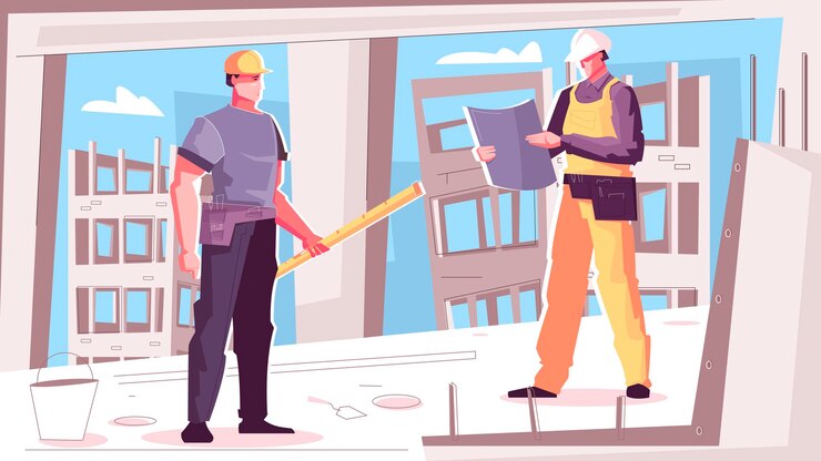 Free Vector building construction illustration with two construction workers reading blueprints