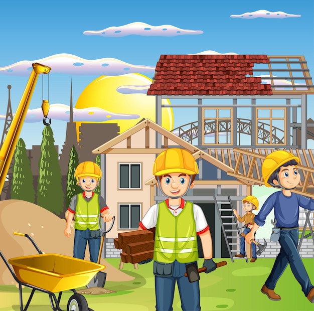 Building construction site with workers