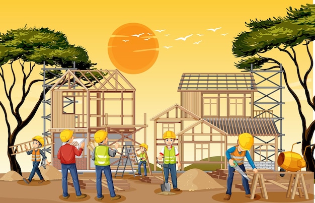 Building construction site with workers