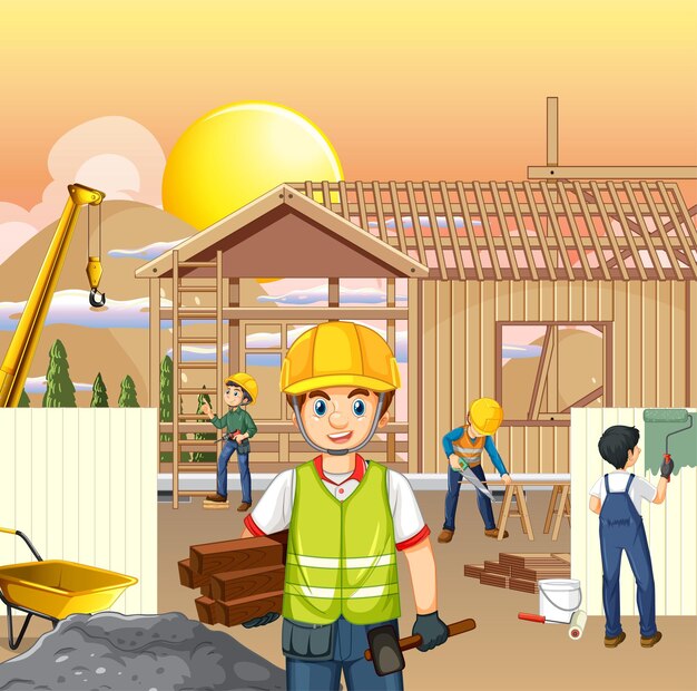 Building construction site with workers