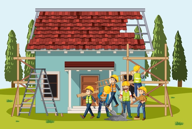 Free vector building construction site with workers