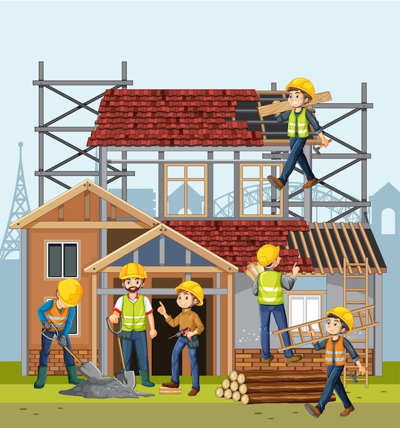 Free vector building construction site with workers