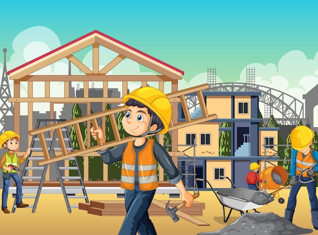 Free vector building construction site with workers