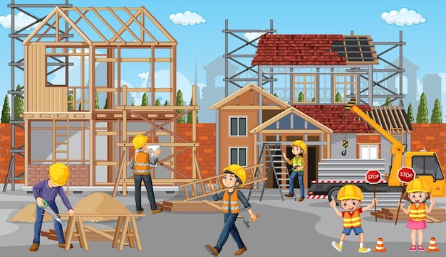 Building construction site with workers