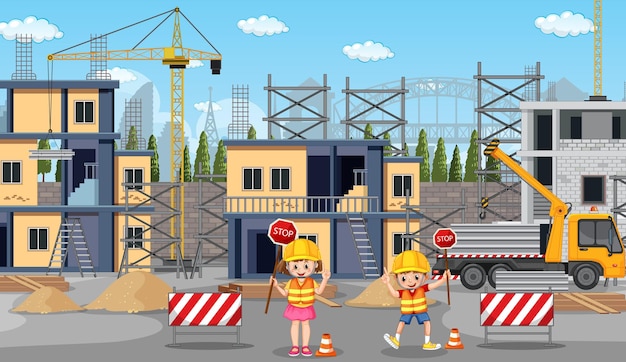 Free vector building construction site and workers
