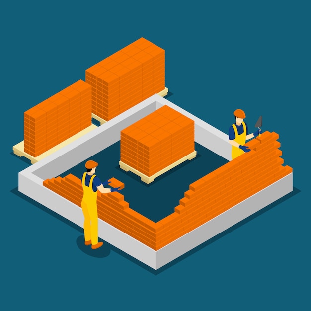 Free vector building construction workers isometric banner