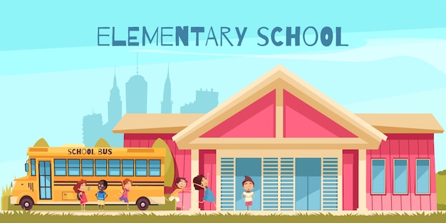 Building of elementary school yellow bus and cheerful pupils on blue sky background cartoon