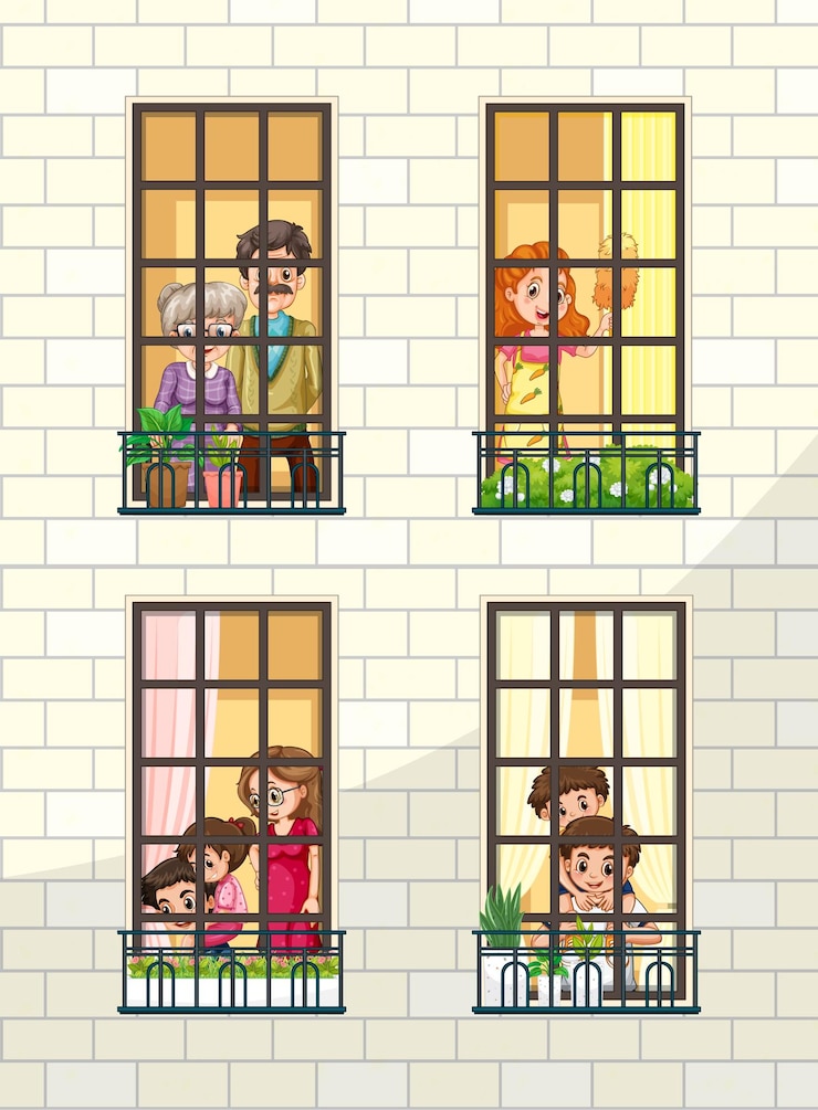 Free Vector building facade with people at the windows