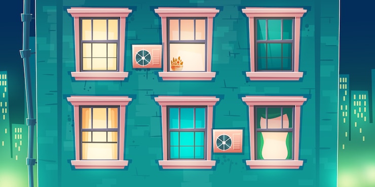 Free Vector building facade with windows at night