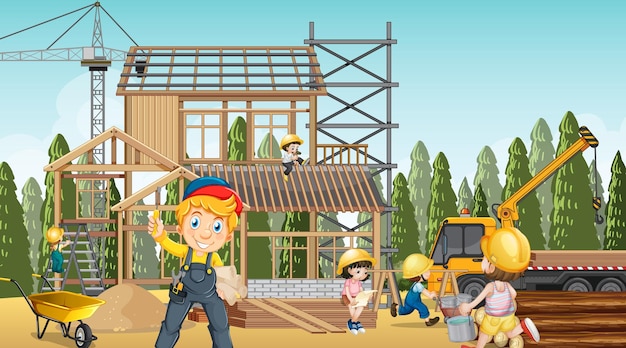 Free vector building house construction site and workers