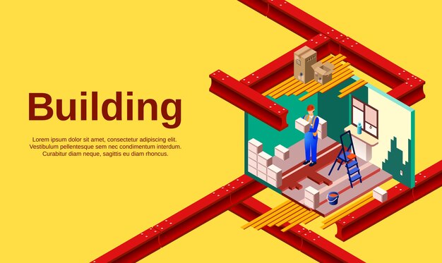 Строительная иллюстрация технологии строительства помещений и строительной работы в поперечном разрезе.