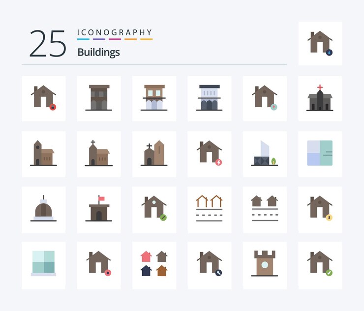 Free Vector buildings 25 flat color icon pack including church building property map house
