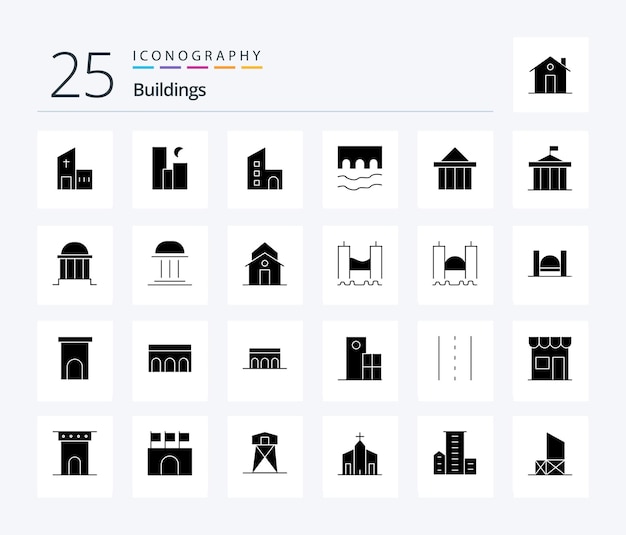 Buildings 25 Solid Glyph 아이콘 팩(유서 깊은 다리 야간 부동산 부동산 포함)