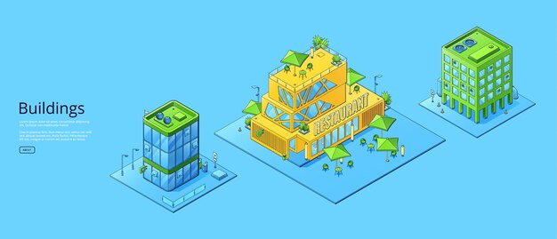 Buildings banner with isometric restaurant office