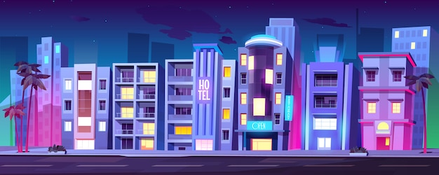 Free vector buildings, hotels in miami at night summer time,