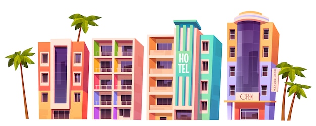 Free vector buildings, modern hotels in miami at summer time