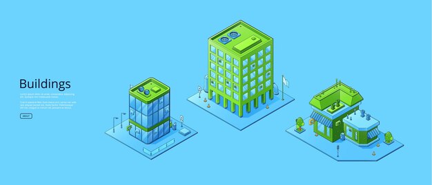 Buildings poster with isometric office and store