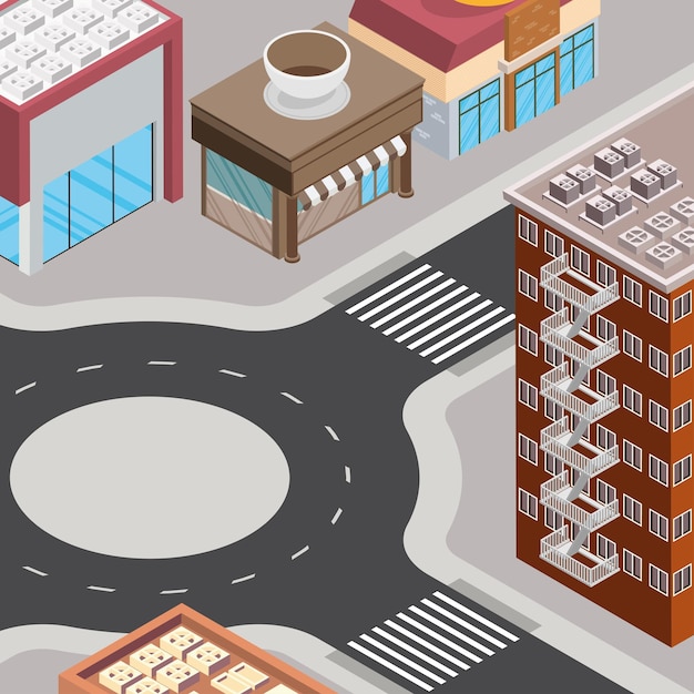 Buildings and road isometric scene
