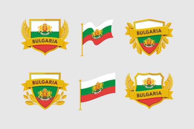 Vettore gratuito bandiera bulgara ed emblemi nazionali incastonati in stile piatto