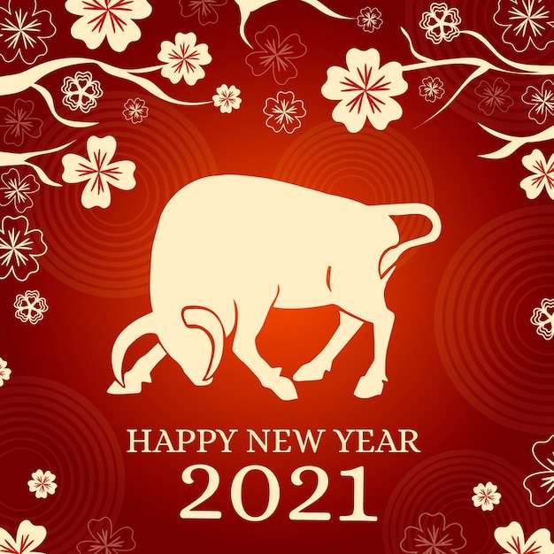 Free vector bull and flowers happy vietnamese new year 2021