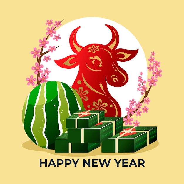 Bull and tet cake happy vietnamese new year 2021