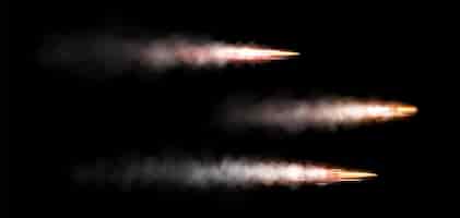 Бесплатное векторное изображение Пуля после выстрела с огнем и дымом след реалистичная векторная иллюстрация металлических боеприпасов, летящих к цели момент стрельбы из пистолета со следом эффекта скорости на прозрачном фоне военный снаряд