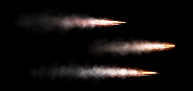 Free vector bullet after shot with fire and smoke trail realistic vector illustration of metal ammo flying to target gun firing moment with speed effect trace on transparent background military projectile