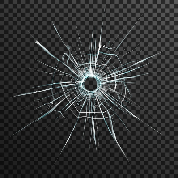 Bullet hole in transparent glass on abstract background with grey and black ornament