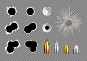 Free vector bullet holes realistic set of isolated bullet plug icons and broken glass spot on transparent background vector illustration